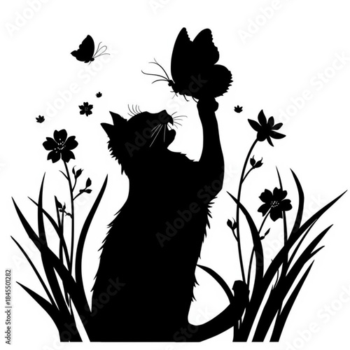 Black cat with flowers vector illustration tattoo art design