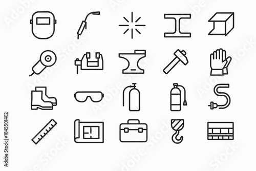 Industrial tools icons set: safety gear, machinery, and construction elements