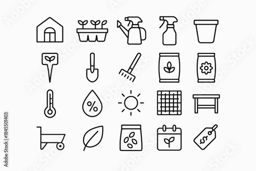 Gardening tools and supply icons for plant care enthusiasts