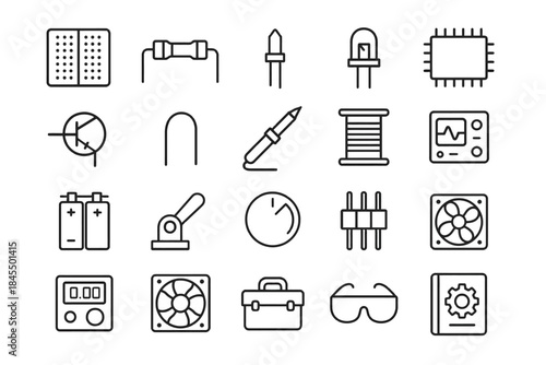 Electronics components icons set: circuit, tools, battery, fan, resistor