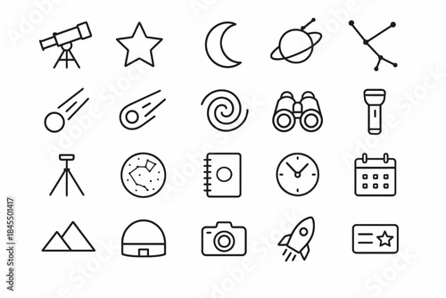 Astronomy icons set: telescope, moon, constellations, rocket, camera