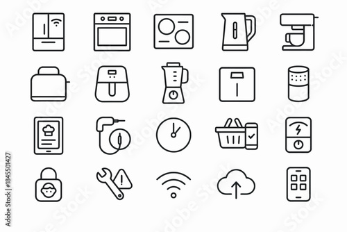 Set of household appliance icons including kitchen and smart devices