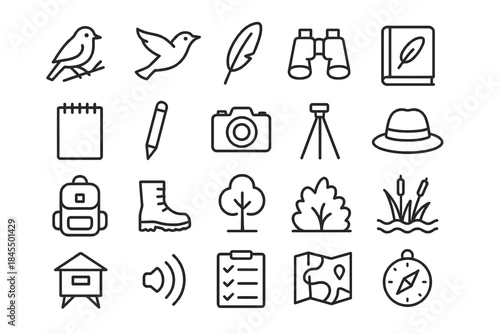 Bird watching essentials: icon set featuring binoculars, camera, notebook, and nature elements