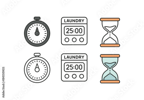 Flat vector illustration laundry timers analog timer digital timer and small hourglass soft
