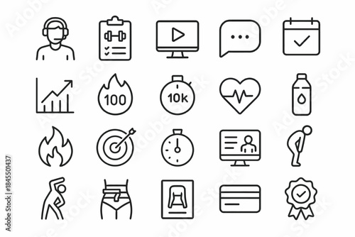 Fitness and wellness line icons: exercise, hydration, heartbeat, stopwatch, target