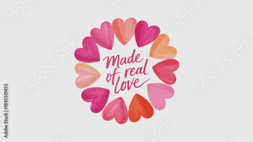A circular formation of multiple watercolor hearts in various pink and red hues surrounds the phrase made of real love on a light gray