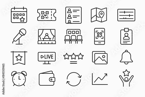 Event icons set: calendar, ticket, map, microphone, live stream, star rating, alarm, wallet