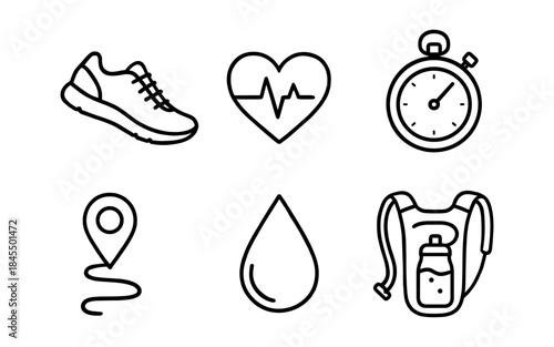 Set of running and fitness icons including shoe, heart rate, stopwatch, location, water, and hydration pack