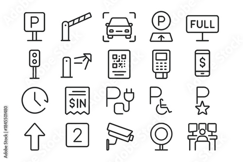 Parking icon set: payment, accessibility, cctv, mobile, electric vehicle charging