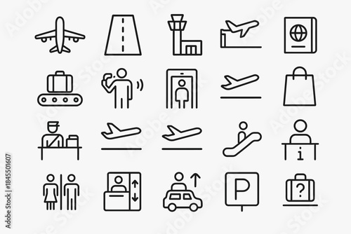 Set of 20 airport icons: travel, aviation, passport, security, luggage