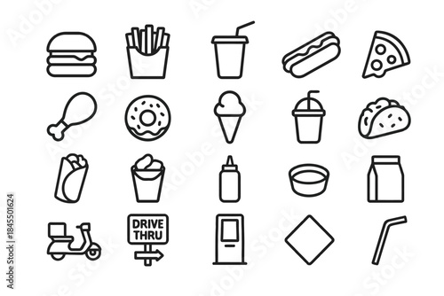 Fast food icons: burgers, fries, drinks, pizza, and more in simple line art