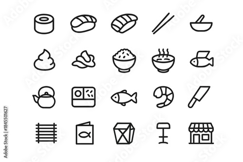 Sushi and kitchen icons featuring food, utensils, fish, and dining elements