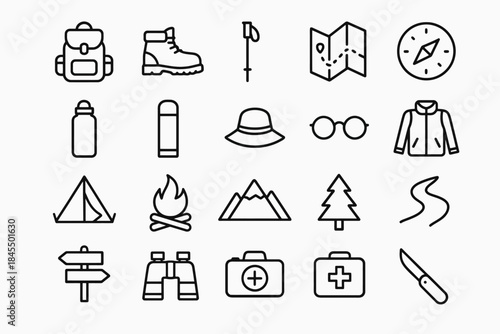 Essential camping and hiking gear icons: backpack, boots, map, compass, binoculars