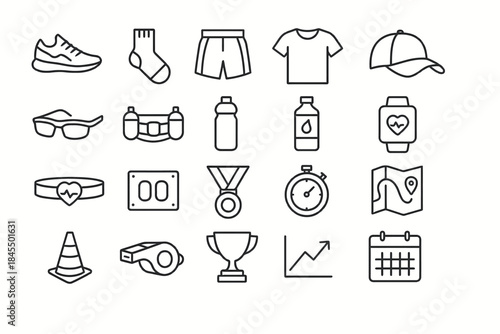 Fitness and sports equipment icons set including shoes, stopwatch, medal, trophy, fitness tracker