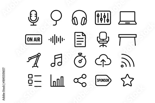 Icons representing audio, digital technology, and office work essentials