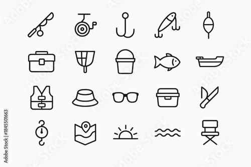 Minimalist fishing equipment icons: rod, reel, hook, lure, boat, fish, and more