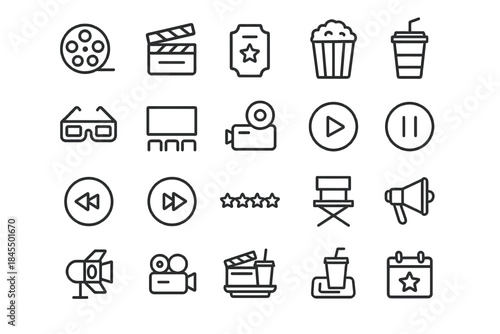 Cinema icon set: popcorn, clapperboard, theater symbols for movie themes