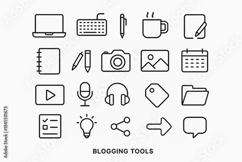 Essential blogging tools icons: laptop, camera, microphone, headphones, calendar, and more