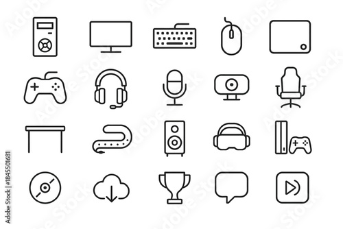 Outline icons of computer accessories and gaming equipment