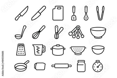 Kitchen utensil set: icons of knives, whisk, bowl, and more for cooking needs