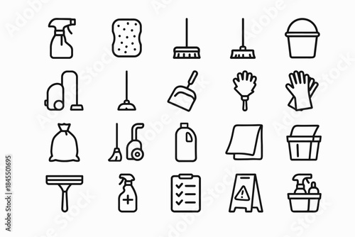Cleaning tools icons: spray mop gloves bucket vacuum broom duster