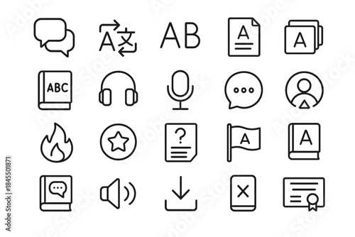 Icon set: communication and language tools with headphones, microphone, and book elements