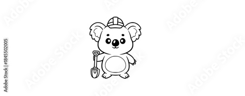 Wombat or Koala Construction Mascot Line Art. Black and White Vector Icon of Hardworking Animal with Hard Hat and Shovel for Building Company Logo, Labor Union, or Mining Brand Generative AI