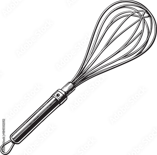 Whisk for Baking Hand-drawn Sketch Drawing Vector Illustration, Line Linear Symbol Engraving Coloring Book, Black and White Isolated