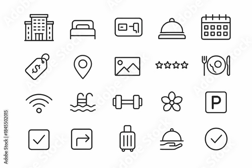Hotel amenities icons set featuring wifi, pool, gym, parking, and dining options