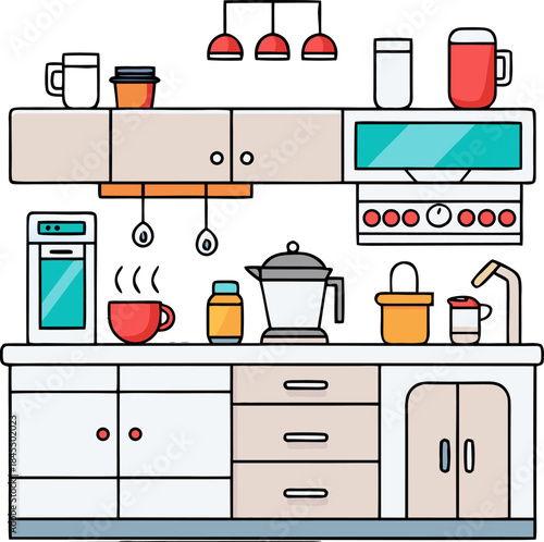 Clean line art vector of a modern kitchen counter with a sink, a coffee maker, and hanging utensils, white background.