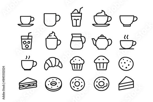 Coffee icons: cups, mugs, teapots, and desserts in black and white outline