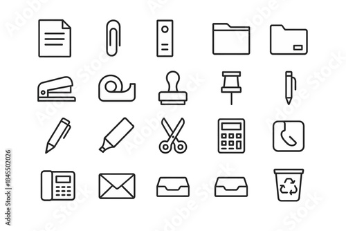 Minimalist office supply icons set: paper, clips, calculator, scissors, bin