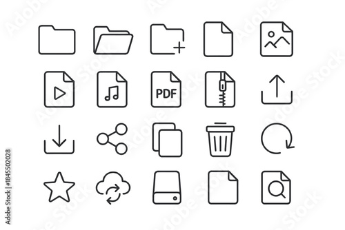 Icon set for file management and media: folder, document, image, music, pdf, zip, share, cloud