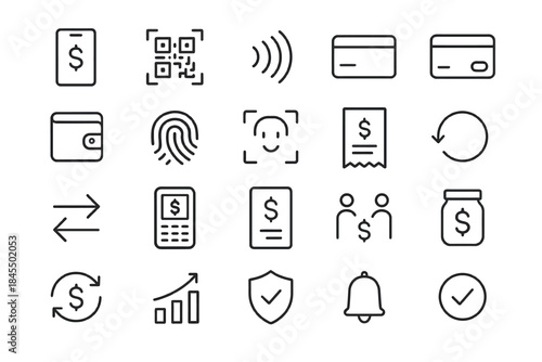 Financial icons set: payment methods, security, transactions, growth