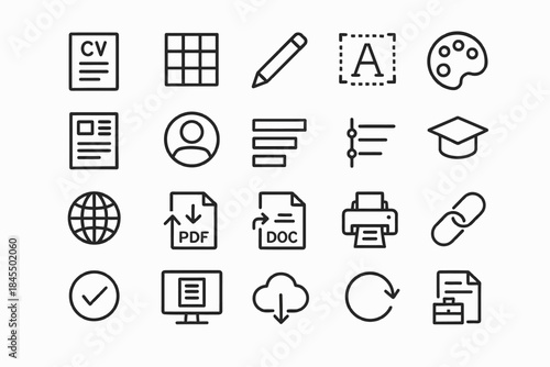 Set of office icons including cv, pen, printer, and file formats