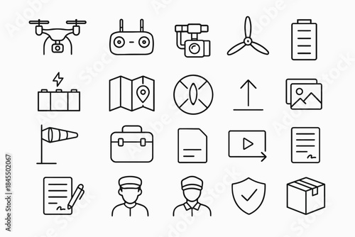 Drone and accessories line icons set featuring battery, propeller, map, document