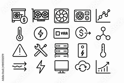 Cryptocurrency mining equipment and data analysis icons collection