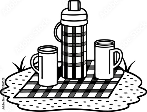 Minimalist line art of a checkered blanket with a thermos and two simple cups on grass, white background.