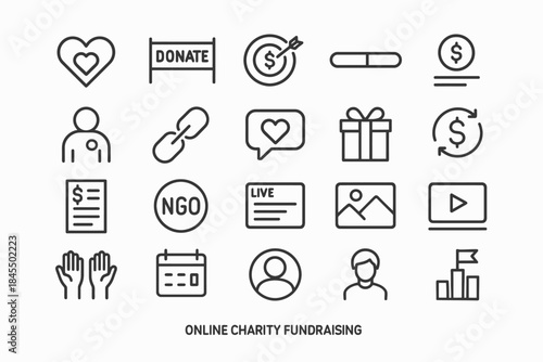 Online charity fundraising icons: giving, donation, and community support symbols