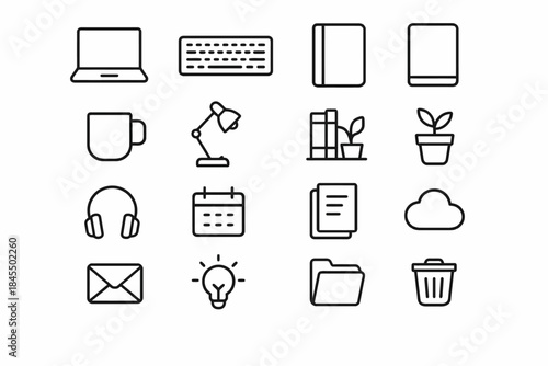 Minimalist workspace icons: laptop, books, headphones, and more