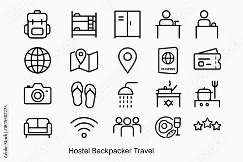 Essential backpacker hostel icons: travel, accommodation, adventure, budget, international