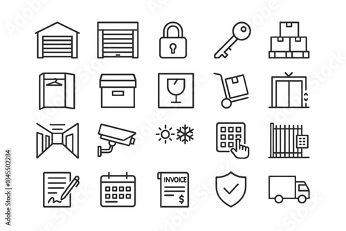 Warehouse logistics icons: security, storage, transport, organization, safety