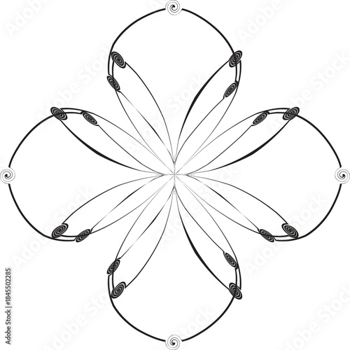 Vector art of a spiraled floral design. The black and white clover shaped image features stylized swirls.