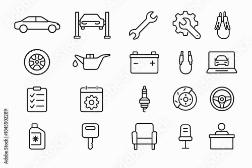 Collection of automotive icons including car, tools, and mechanical components