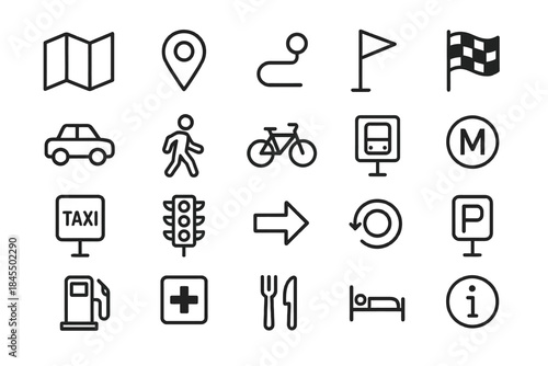 Transportation and navigation icon set including car, bicycle, and map symbols