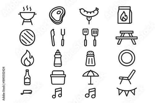 Barbecue icons: grill, utensils, picnic table, food, and leisure symbols