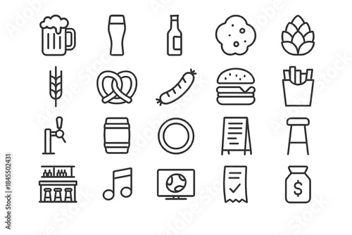 Beer and pub icons: beverage, food, music, sports, money, certificate, glass, burger, fries