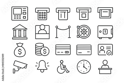 Icon set of financial and security elements: atm, vault, cards, and safe
