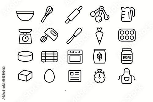 Collection of baking tools and ingredients icons including whisk, rolling pin, oven, mixer, and sugar jar