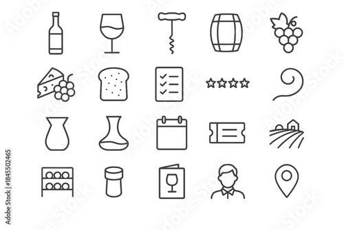 Wine and vineyard icons set: bottle, glass, grapes, barrel, cheeseboard, corkscrew, winery